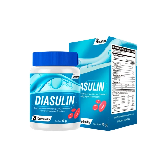Diasulin — frasco de 20 comprimidos masticables sabor naranja con su caja