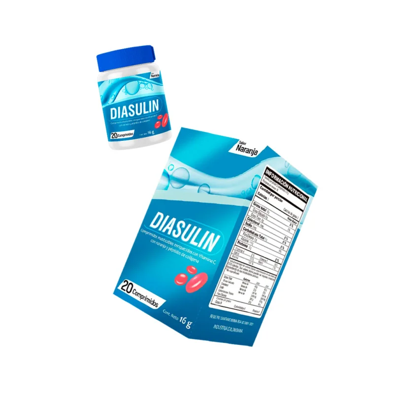 Diasulin — frasco y caja del suplemento en comprimidos masticables